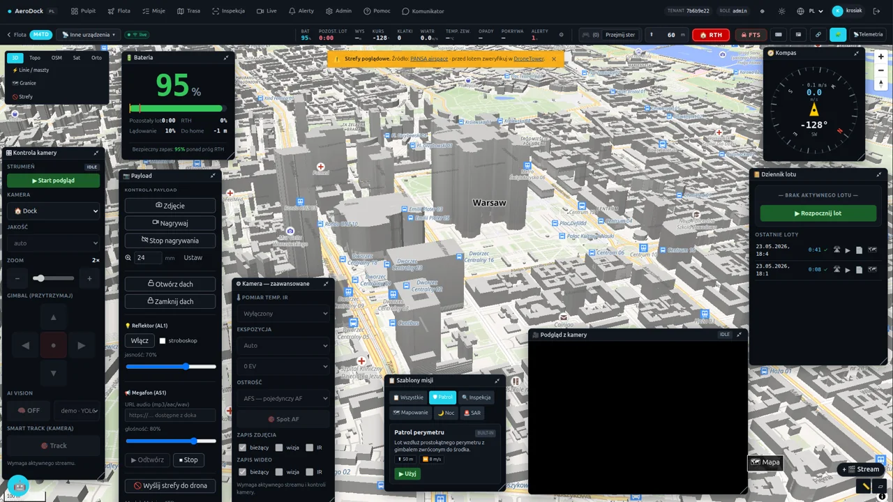 Pulpit operatora AeroDock — dozór obiektu, podgląd kamery drona na żywo i mapa 3D