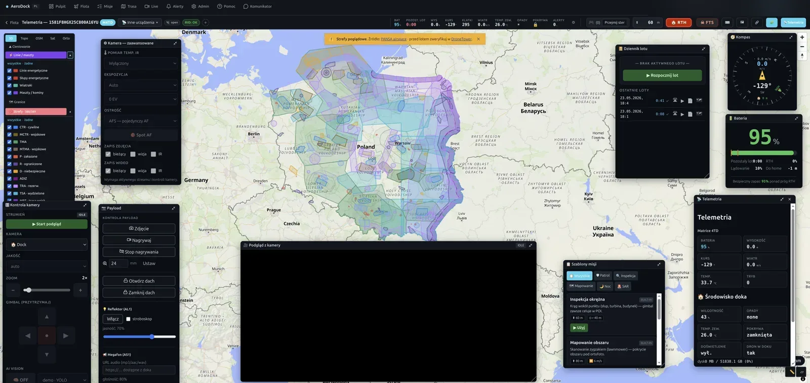 AeroDock — strefy lotnicze PANSA na mapie operatora i autonomiczny lot drona nad miastem